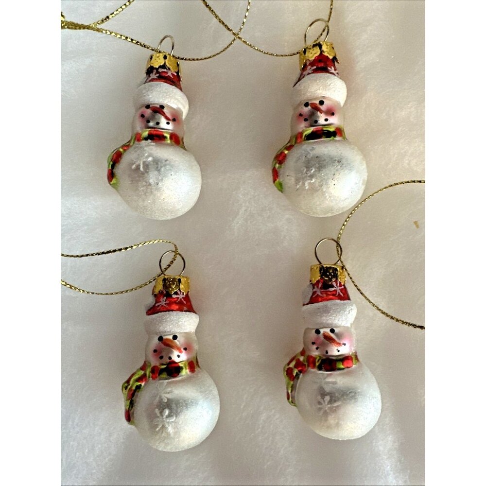 Vintage Set of 4 Snowman Glass Christmas Tree Ornaments w/ Glitter Hat Scarf 2"